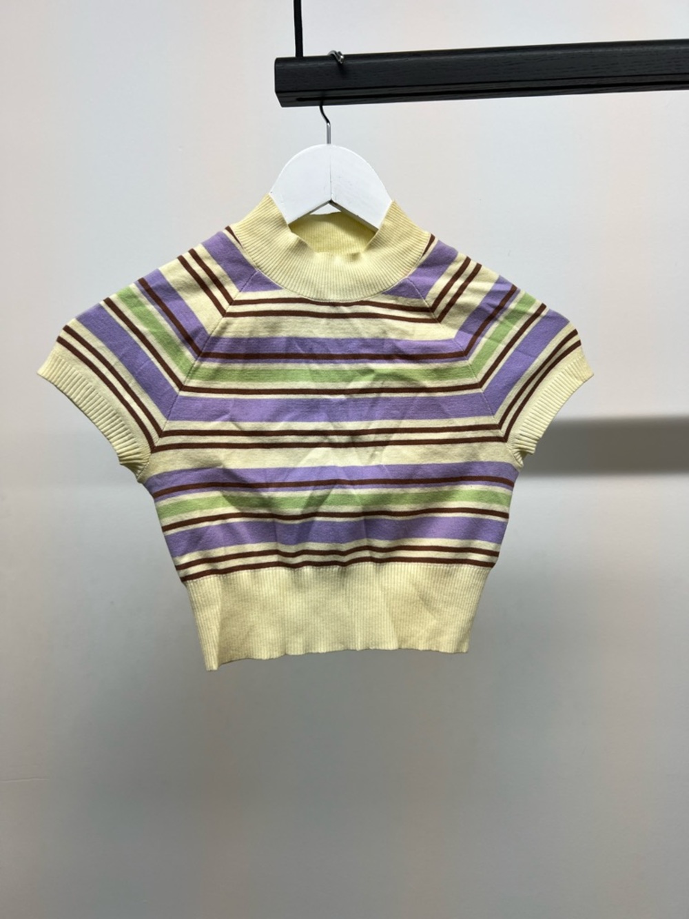 Striped Mock Neck Short Sleeve Tee in Pale Yellow